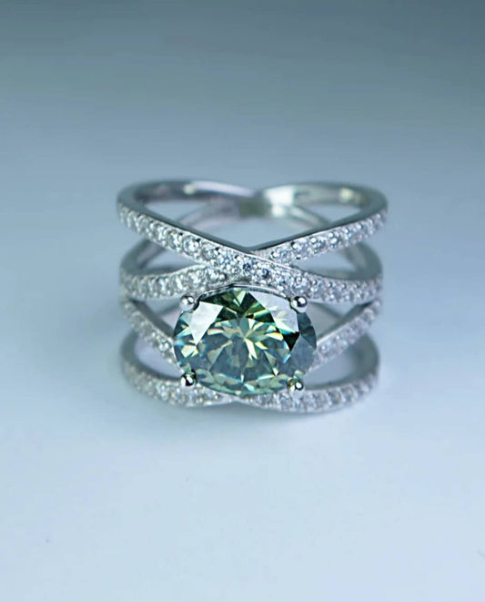 2.0ct Moissanite / 925 Silver Ring - Elysian Verde Cross Band Ring